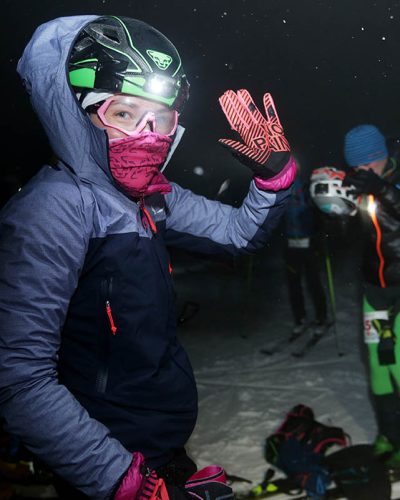 Szczyrk, Skrzyczne, Poland - February 6, 2021:
Polish Cup in High Mountain Skiing Kuby Soinskiego - Night Vertical Race. Exhausted competitors at the finish line at the Skrzyczne Summit.